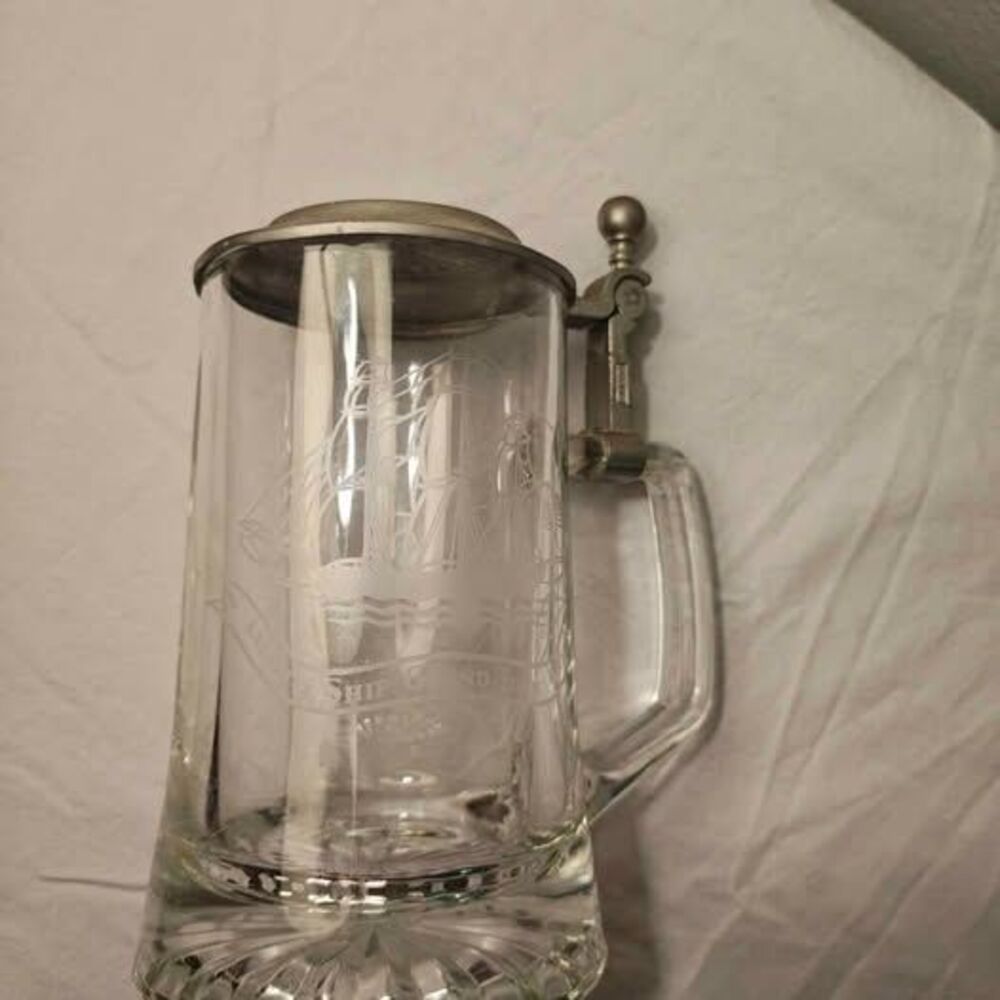 Vintage 1980s Old Spice Glass Beer Stein with Pewter Lid - Sailing Ship Grand Tu